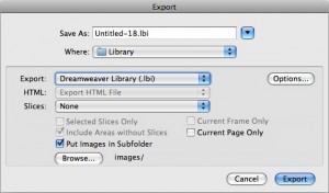 Figura 4. Ajustes para exportar el archivo como una biblioteca de Dreamweaver.